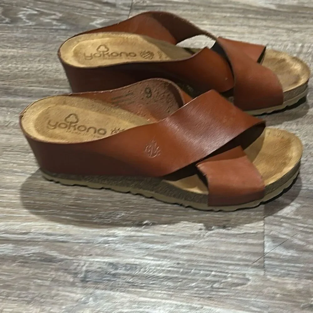 Yokono Spain brown cork wedge sandals 9 cross strap